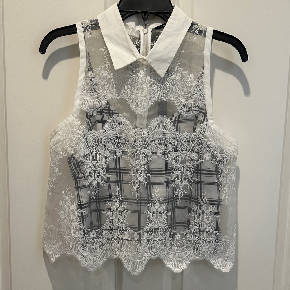 Marissa Webb White Sheer Lace Collared Sleeveless Top With Detachable Camisole